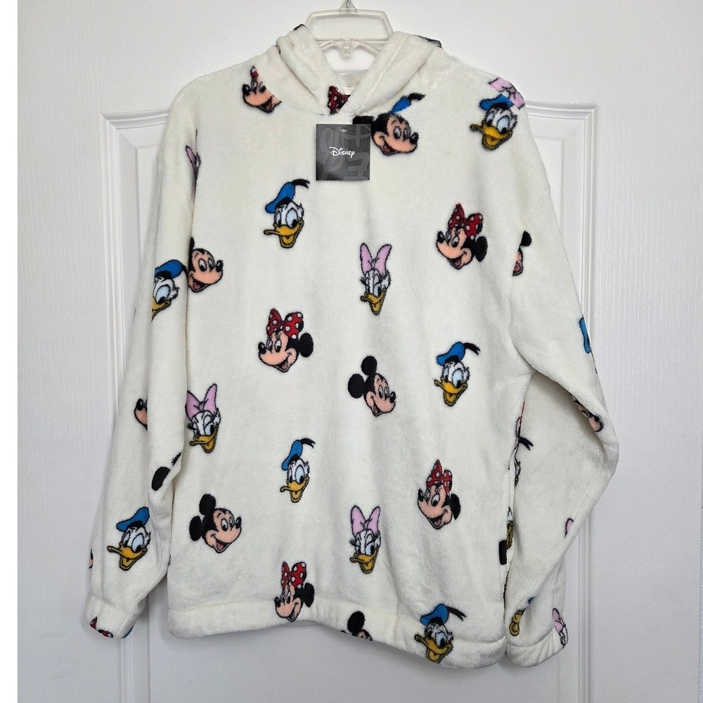 Disney Fuzzy Fleece Hoodie Mickey Mouse &‎ Friends Print Pullover Sweatshirt L